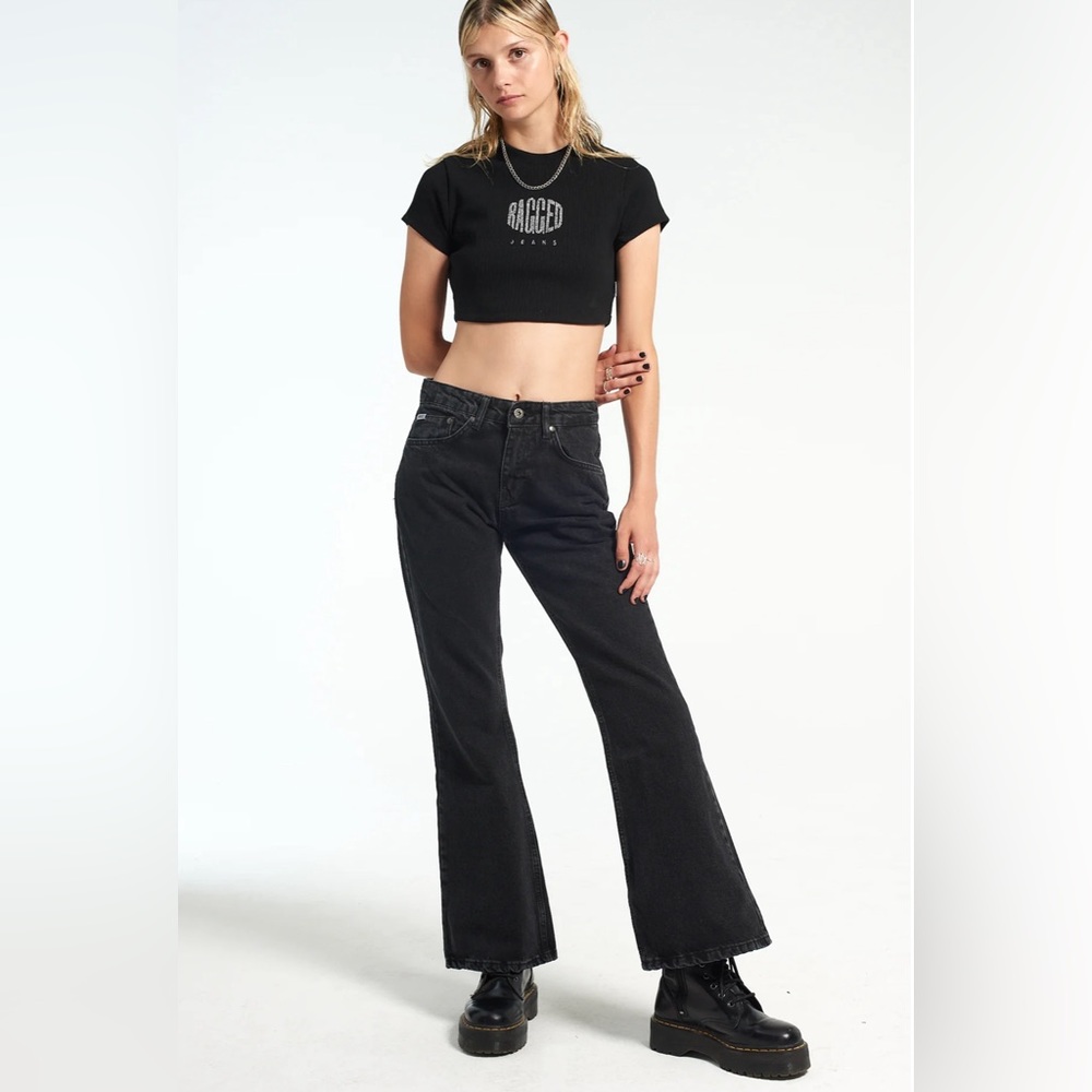 ragged priest boot cut black jean size 34 / size 16 mid rise slim flared pans